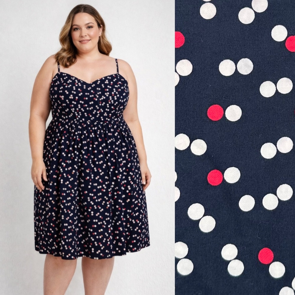Gap Navy Blue Polka Dot Fit Flare Midi‎ Dress Women Size 14 Sweetheart Neckline